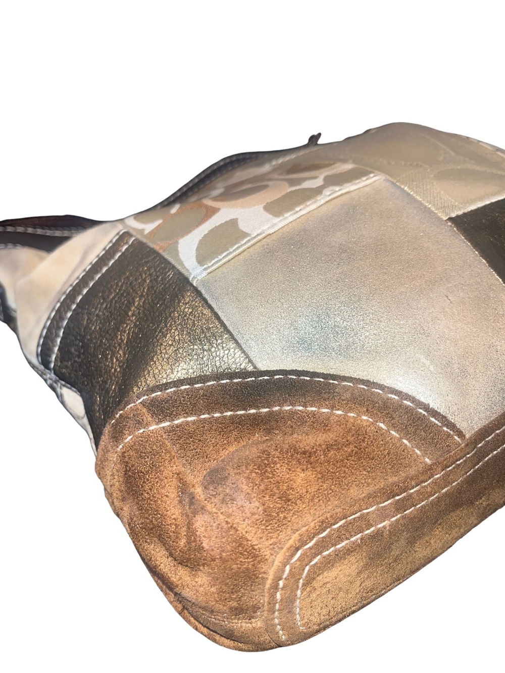 Coach Patchwork Suede Metallic Beige & Brown Crossbody Bag - Picture 4 of 12